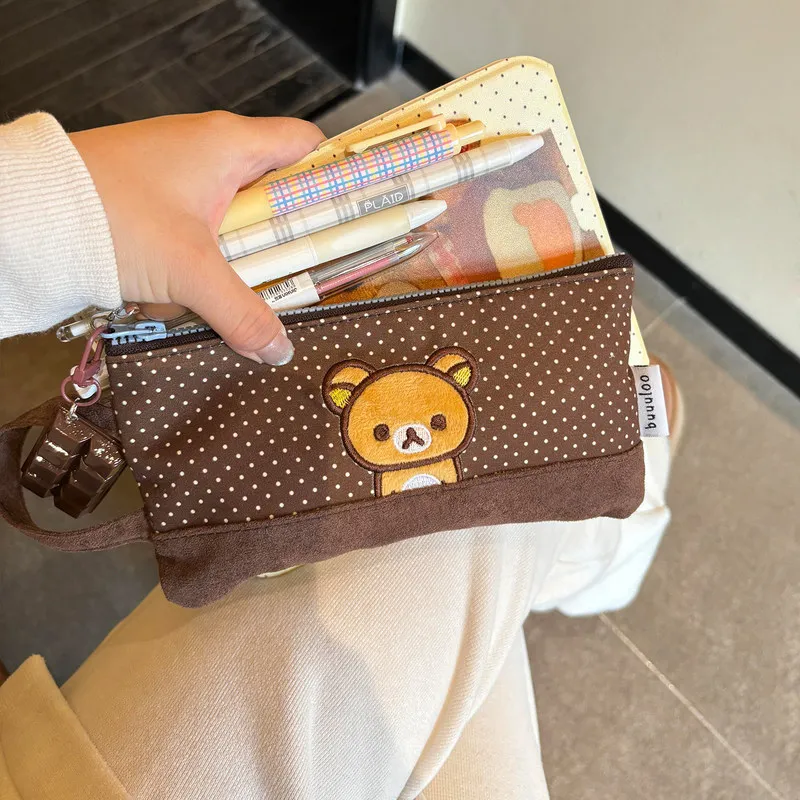 Estojo de Lápis Rilakkuma Original com Bordado, Bolsa de Armazenamento de Grande Capacidade, Estilo Ins, Kawaii, Bolsa de Material Escolar para Meninas, Presente