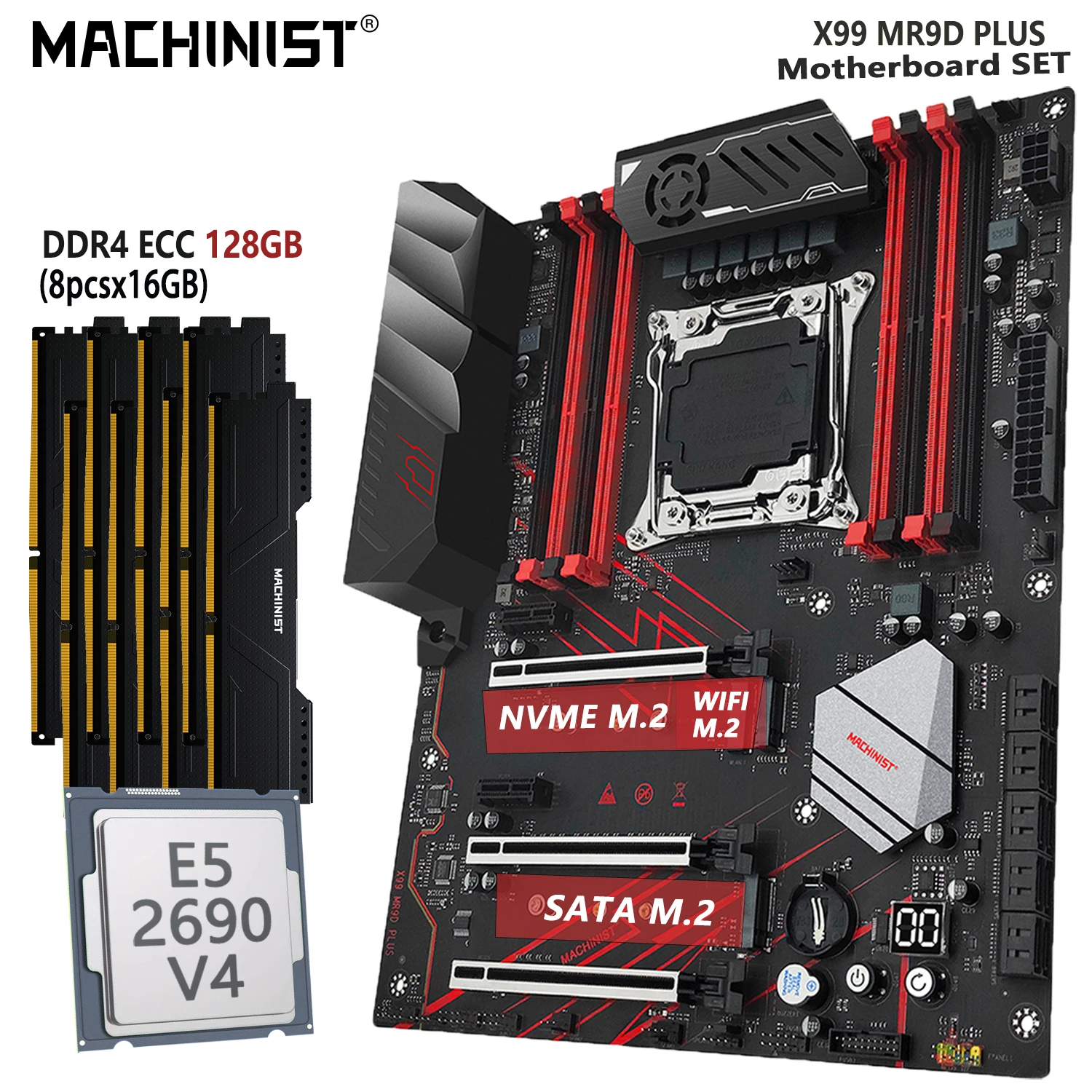 MACHINIST X99 Motherboard Set LGA 2011-3 kit Intel Xeon E5 2690 V4 CPU 128GB=8x16G DDR4 ECC RAM Memory SSD NVME M.2 MR9D Plus