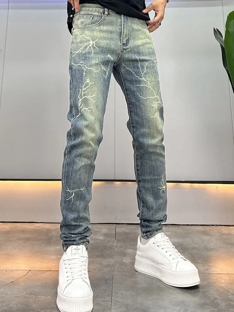 

Tapered Men's Jeans Trousers Kpop Soft Luxury Xs Cheap 2025 Trend Aesthetic Goth Stacked Original Male Cowboy Pants with Print
