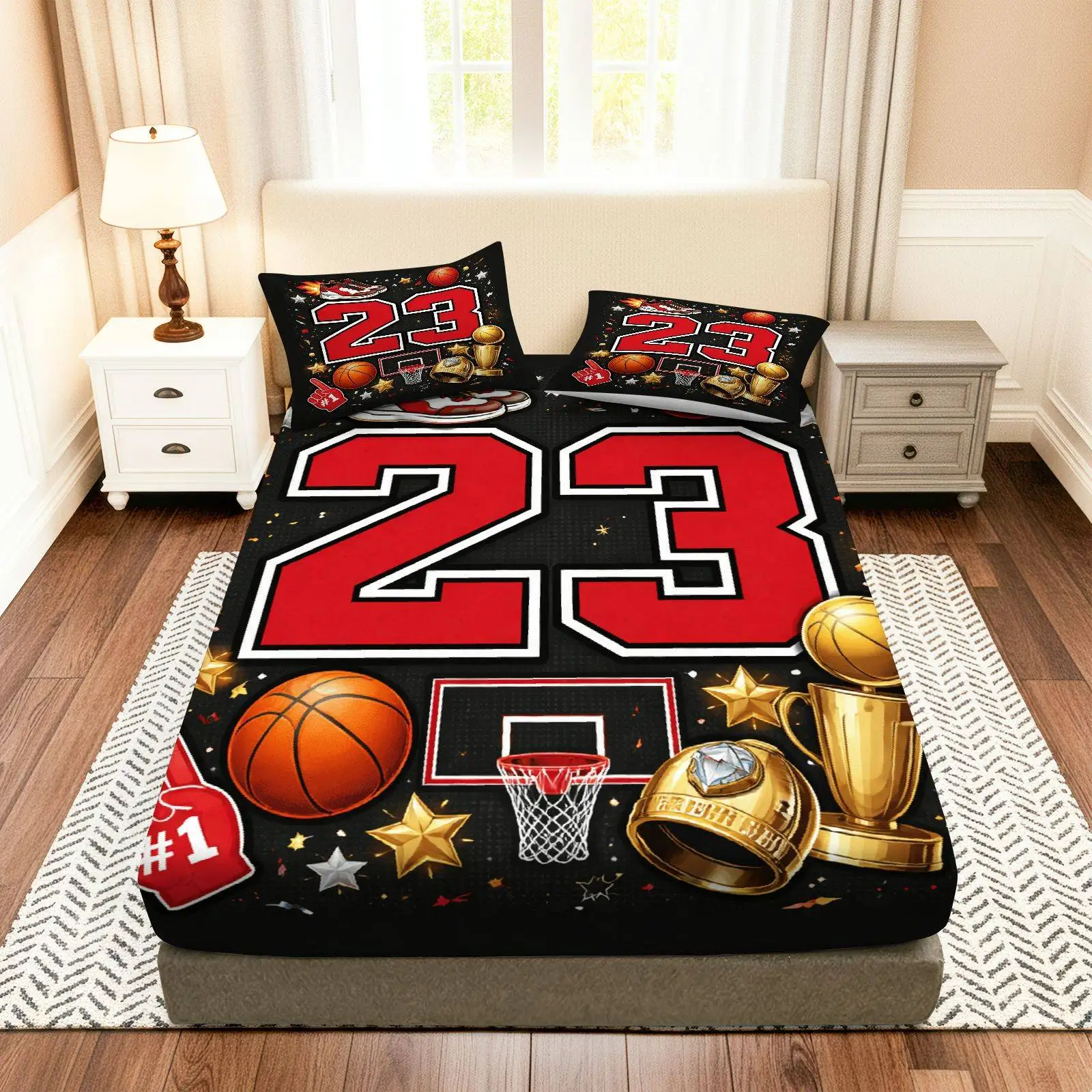 Flat Printed Bed Sheet, Bedroom Decoration, Bedding, Home Bedroom Decor, Holiday-Themed Bed Sheet and Pillowcase, Mattress Protector, Stain-Resistant, Mattress Cover. Suitable for All Seasons, Machine Washable, Easy to Care For, Basketball Championship Trophy Bed Sheet Set, Sports-Themed Basketball Bedding, Mattress Protector