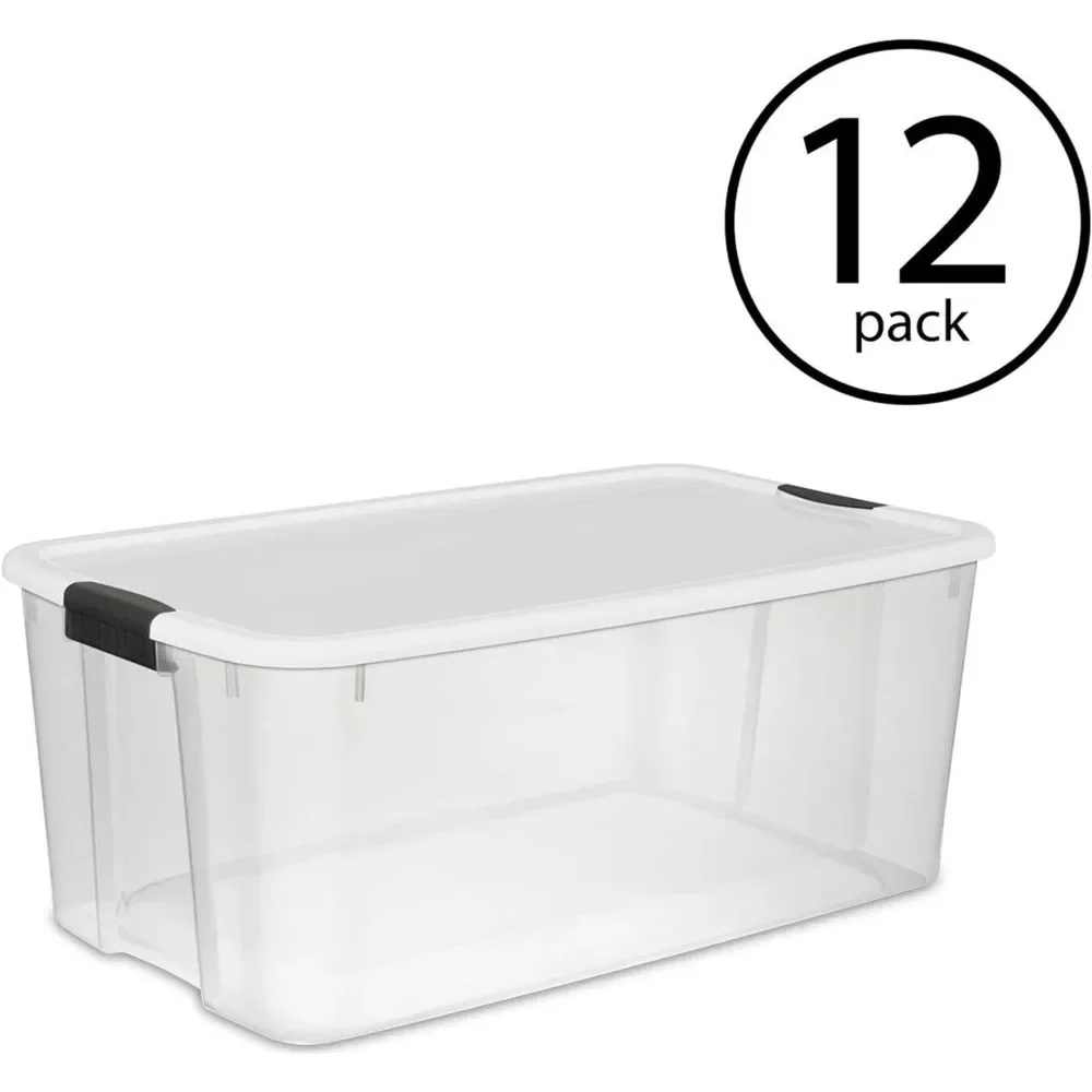 116 Qt Ultra Latch,Stackable Storage Bin with Lid,Plastic Container  Heavy Duty Latches to Organize, Clear  White Lid, 8-Pack