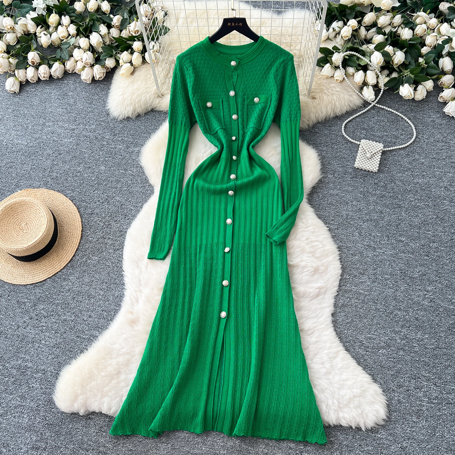 Sexy chique zakken knop gebreide slanke vintage Koreaanse mode avondjurken zonnejurk ceremoniejurken