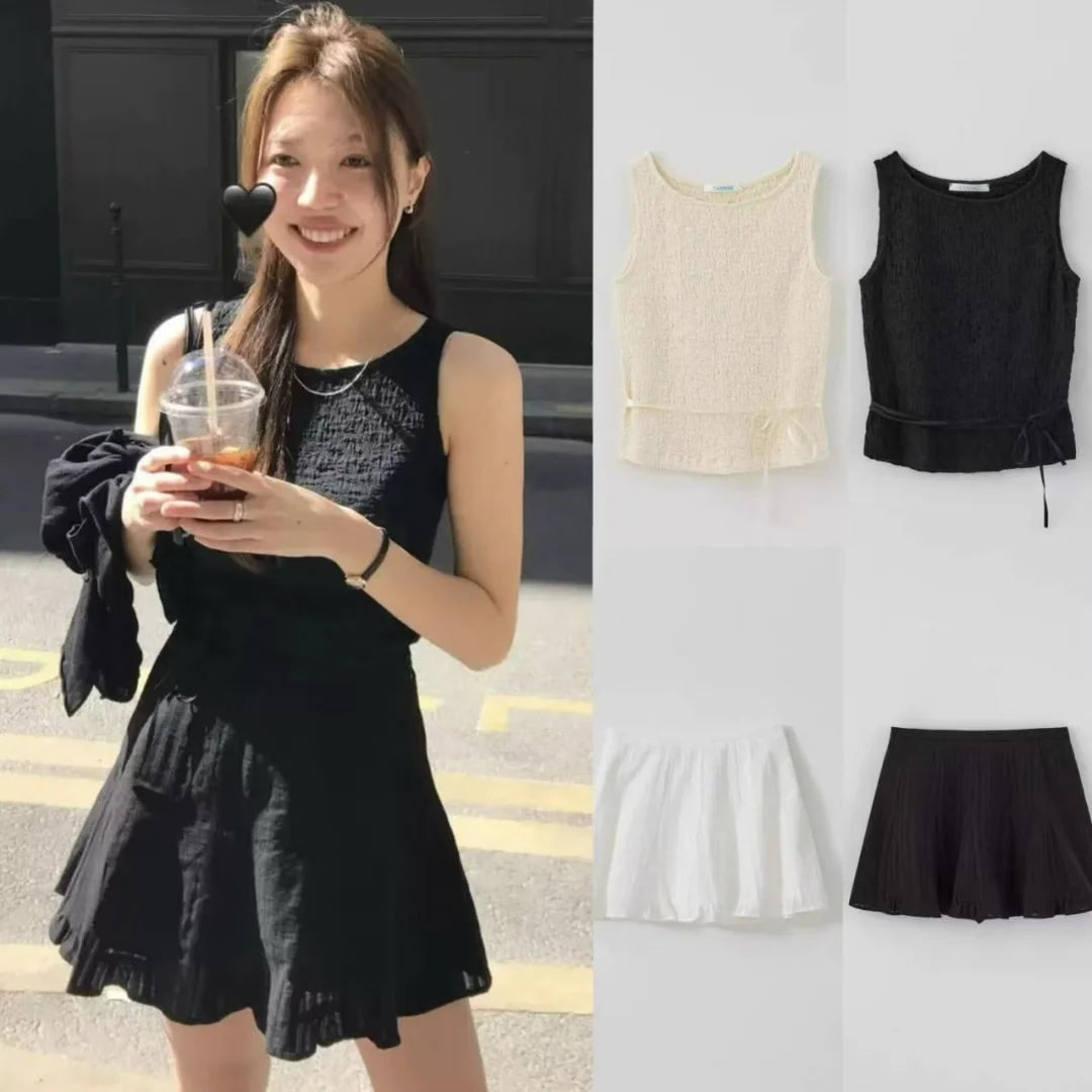 

Korean Style Tannat Pure Color Sleeveless Texture Elastic Slim Fit Vest A-Line Skirt Pants Summer Fashion Set for Women