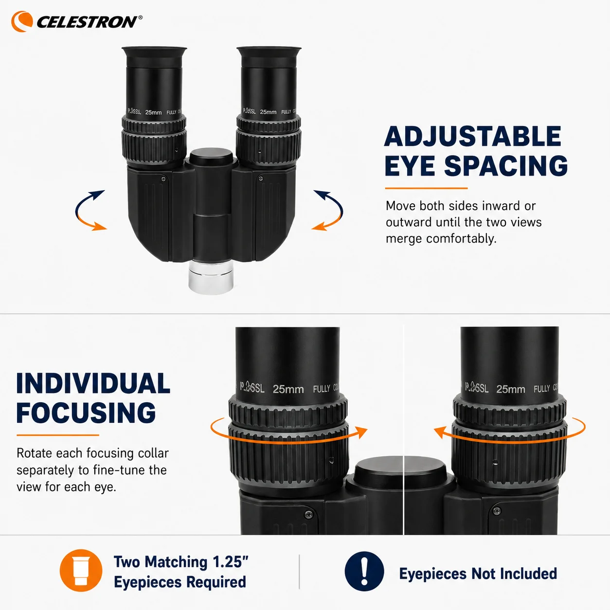 Celestron 1,25" 31,7mm Teleskop-Binoviewer mit 1,85X 3X Adaptern Doppelokular-Viewer für Mond- und Planetenforschung – Detail 7