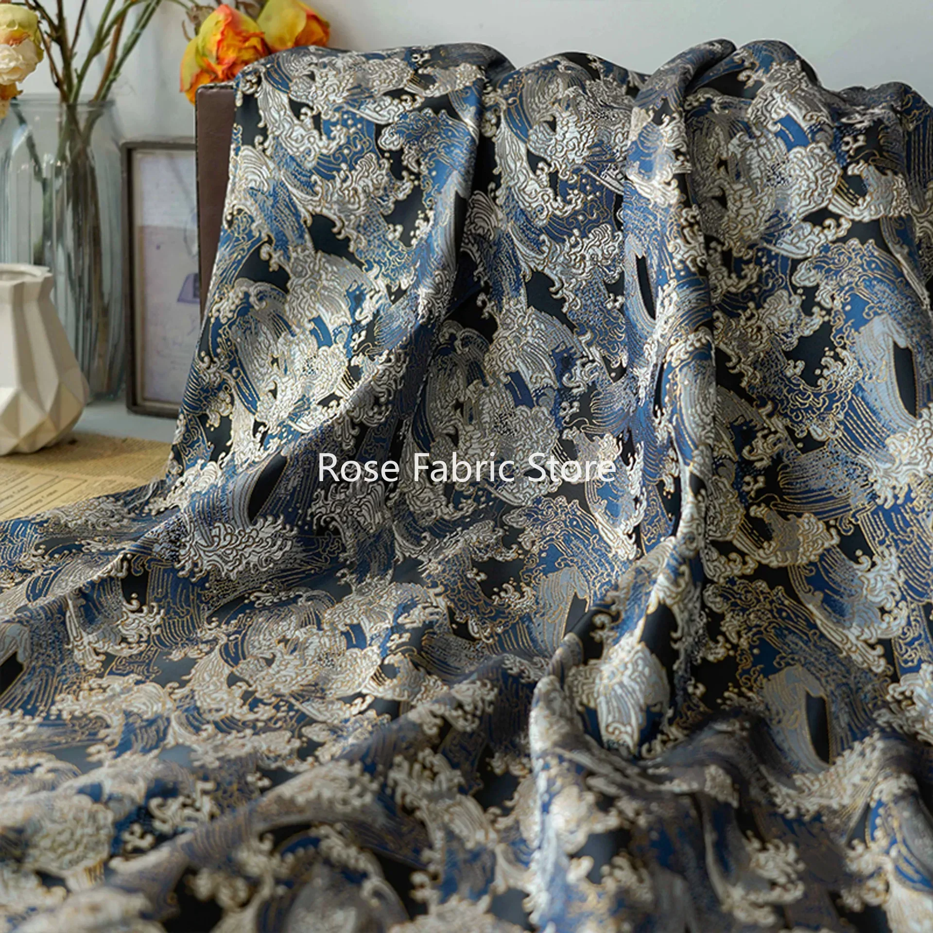 1 Meter Retro Wave Pattern Jacquard Fabric Antique Style Dress Bag Tablecloth Decorative Sewing Fabric