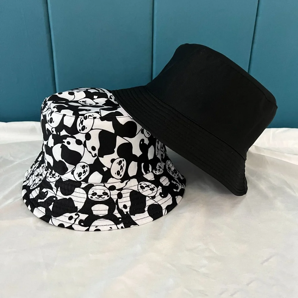 Panda Print Bucket Hat Casual Wide Brim Dacron Sun Cap Fisherman Hat