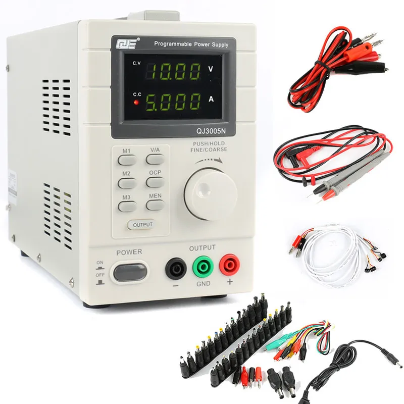 

QJ3005N Laboratory Adjustable LCD Digital Linear Programmable DC Power Supply 30V 5A 0.01V 0.001A + AC DC Jack Power Adapter Set