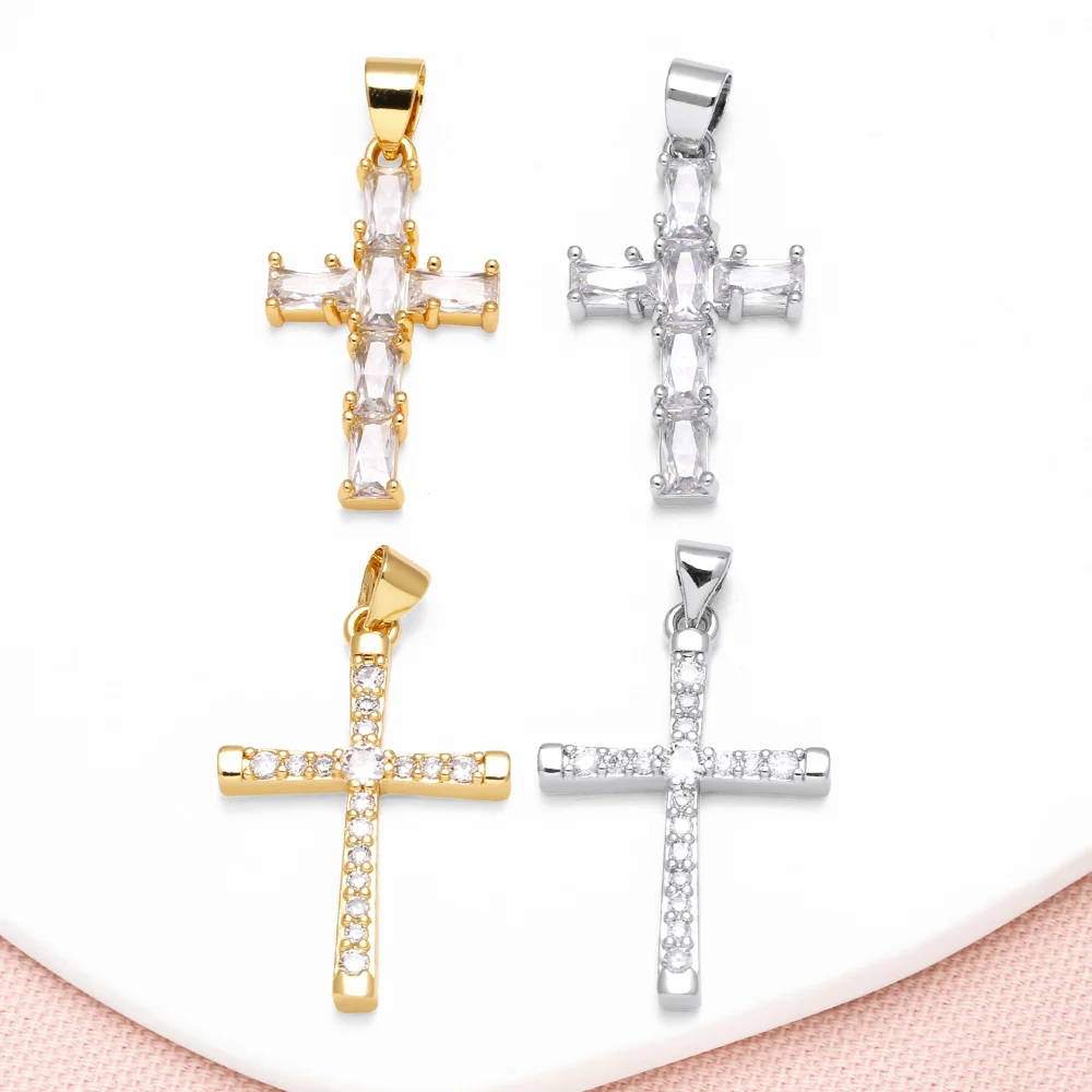 OCESRIO White Rectangle Crystal Cross Pendant for Necklaces Copper Gold Plated Crucifix Jewelry Making Component pdtb696