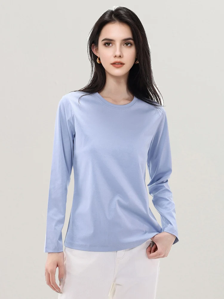 SuyaDream, camisetas lisas para mujer, mezcla de algodón y seda, camiseta lisa de manga larga con cuello redondo, Top básico de primavera y otoño 2025, blanco y negro