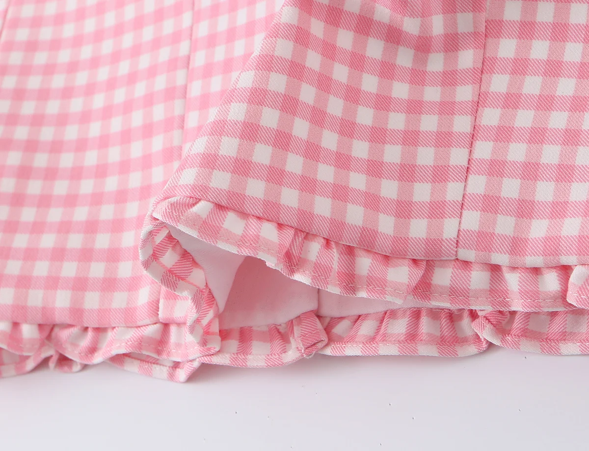HH Rosa Gingham Bustier Cami Top Sommer Spaghetti-Träger-Top mit Knöpfen vorne und Rüschensaum, kurzes Korsett für Damen, lässiges Strand-Outfit – Detail 12