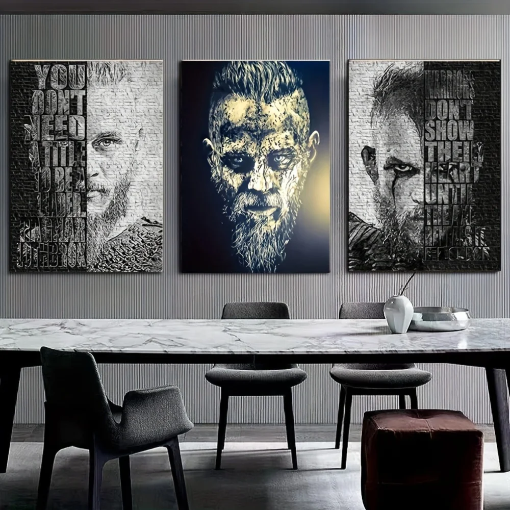 3pcs Viking King Ragnar Lothbrok Canvas Art Set - Inspirational Quotes & Striking Modern Portraits, Frameless Wall Decor for Liv