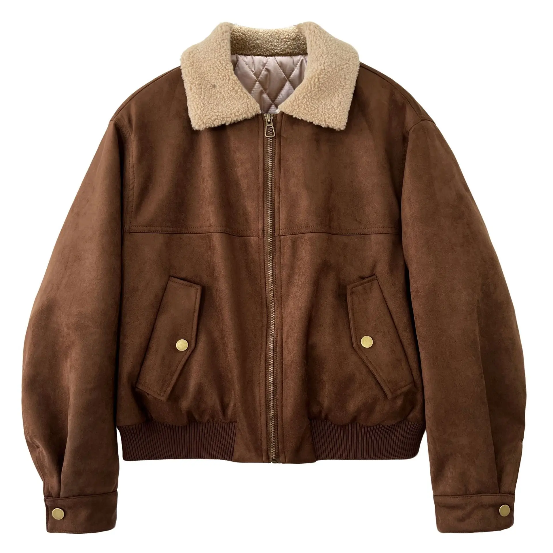 Cappotto corto patchwork con colletto in pelle scamosciata stile LIMO per donna, giacca invernale in cotone caldo