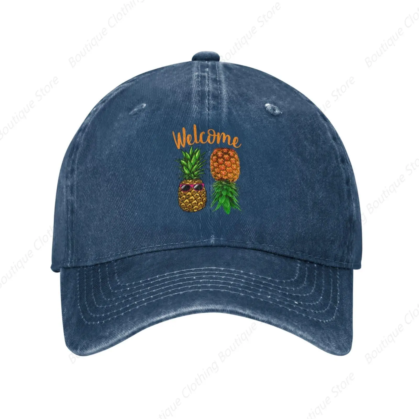 Upside Down Pineapple Funny Welcome Cowboy Hat Men Vintage Baseball Cap Summer Sun Hat Gift Women Trucker Hat Navy Blue