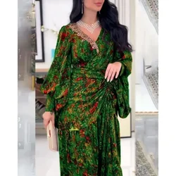 Vintage Casual Print Long Lantern Sleeve V Neck Ruched Vacation Dress Summer Autumn Corset Bohemian Dress for Women 2023