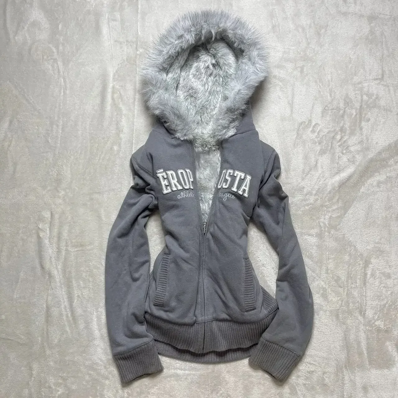 American Trendy Y2K Harajuku Brand Gray Plush Thickened Hoodie Women's Retro Slim Hottie 2000s Design Warm Zipper Jacket