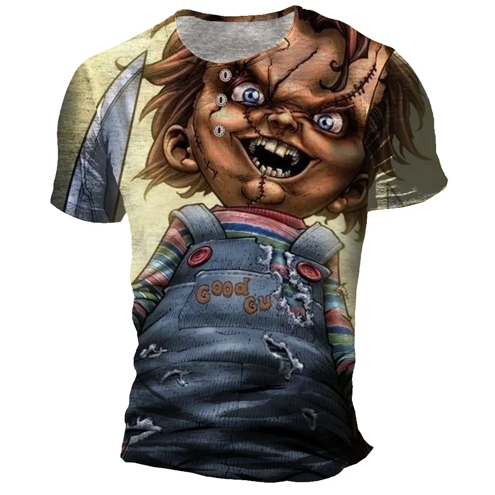 Summer Chucky Horror 3D Print Henley Shirts Men's Casual Streetwear Oversized Button Short Sleeve T Shirt Tees Tops Man Clothing