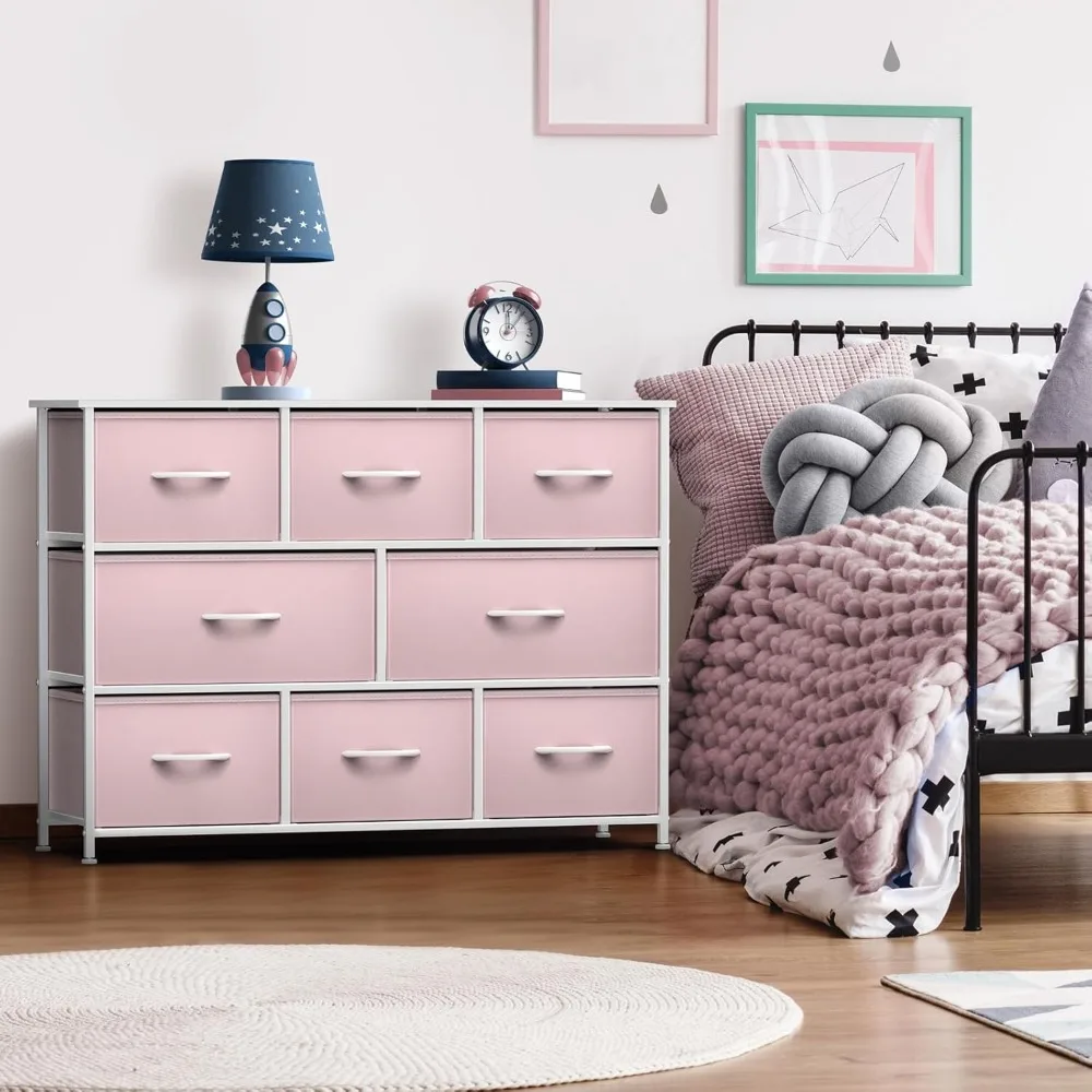 

Kids Dresser with 8 Drawers - Chest Organizer Unit with Steel Frame Wood Top & Handle, Fabric Bins for Clothes - Wide Furniture