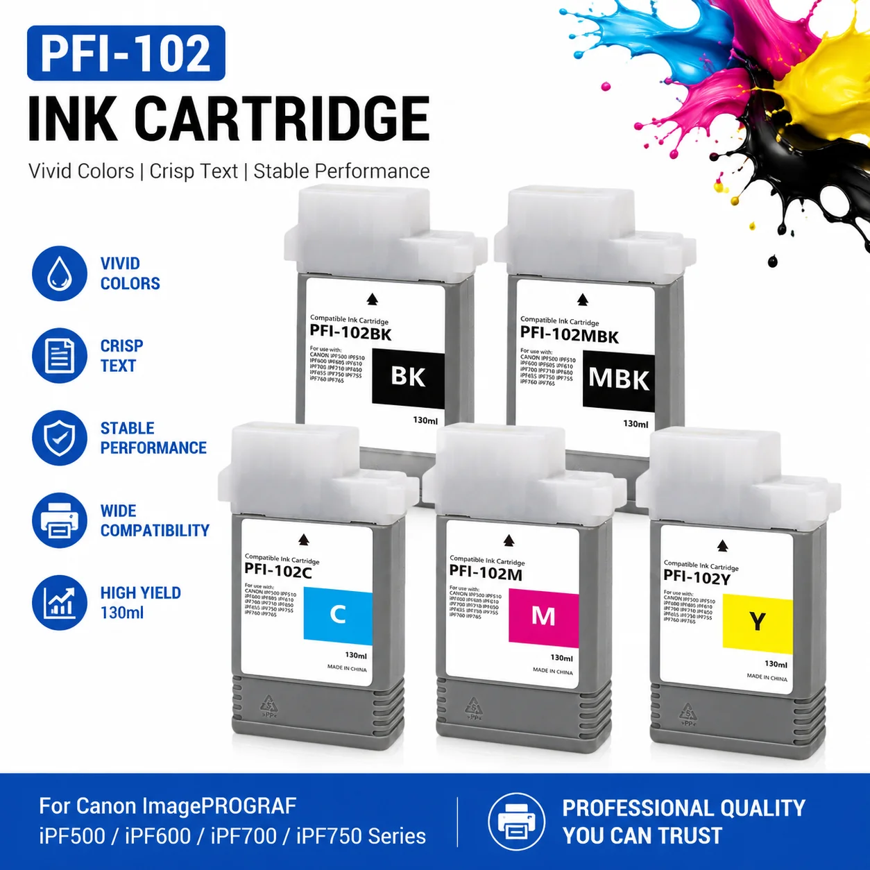 PFI 102 PFI-102 PFI102 Ink Cartridge Compatible for Canon iPF650/iPF655/iPF750/755/iPF500/510/iPF600/605/610 iPF700/710 Printer