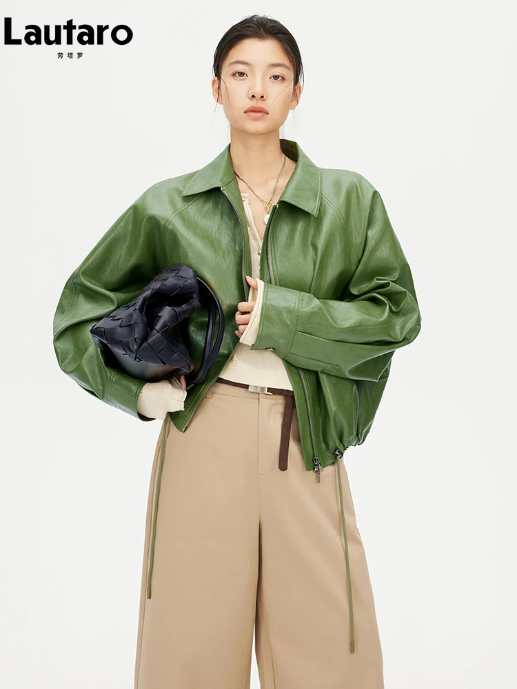 Lautaro Spring Autumn Green Short Pu Leather Jacket Women with Zipper Luxury  Designer Clothes Loose Casual Korean Fashion 2026