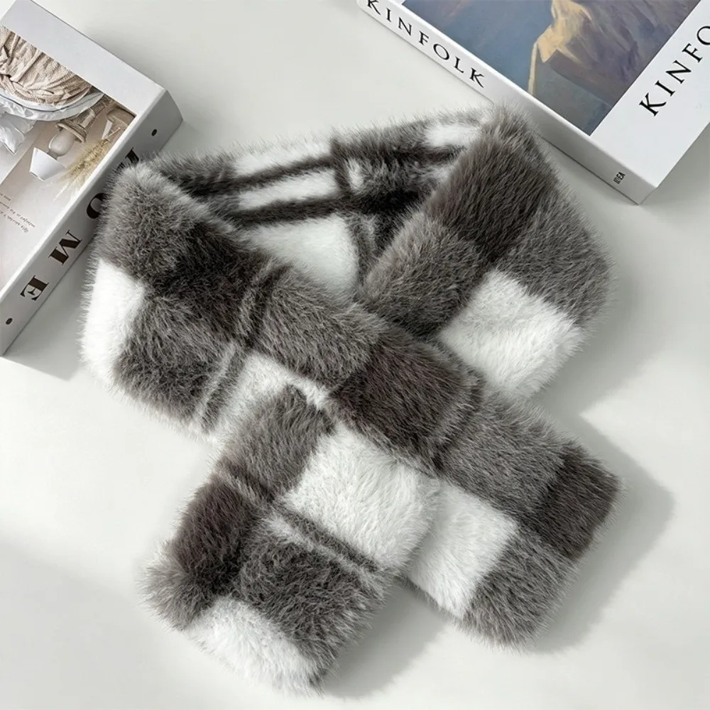 New Faux Fur Winter Scarf Hat Soft Plaid Mink Wool Scarf Warm Fluffy Bucket Hat Women