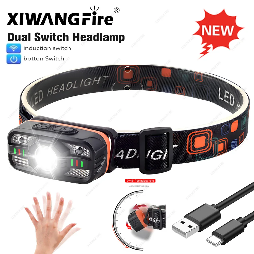Rechargeable LED Headlamp Sensor Headlight With COB and LED Beads 6 Lighting Modes White and Red Light Fishing Light