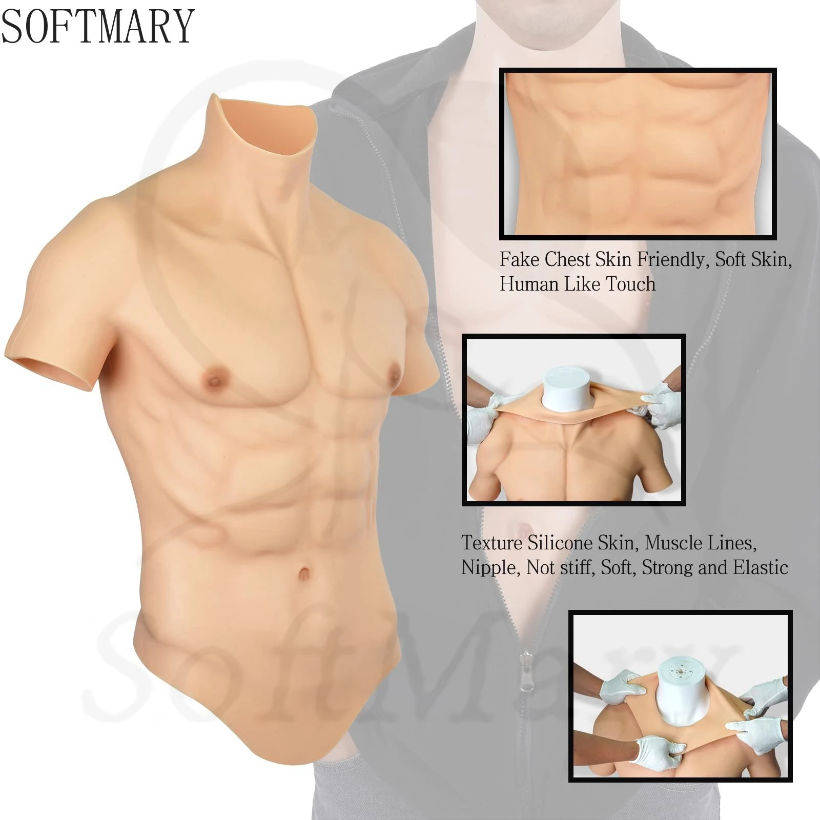 

SOFTMARY Silicone Chest Realistic Men's Vest Abdominal Muscle Simulation Skin Silicone Soft Cosplay Transgender Men's Jumpsuit