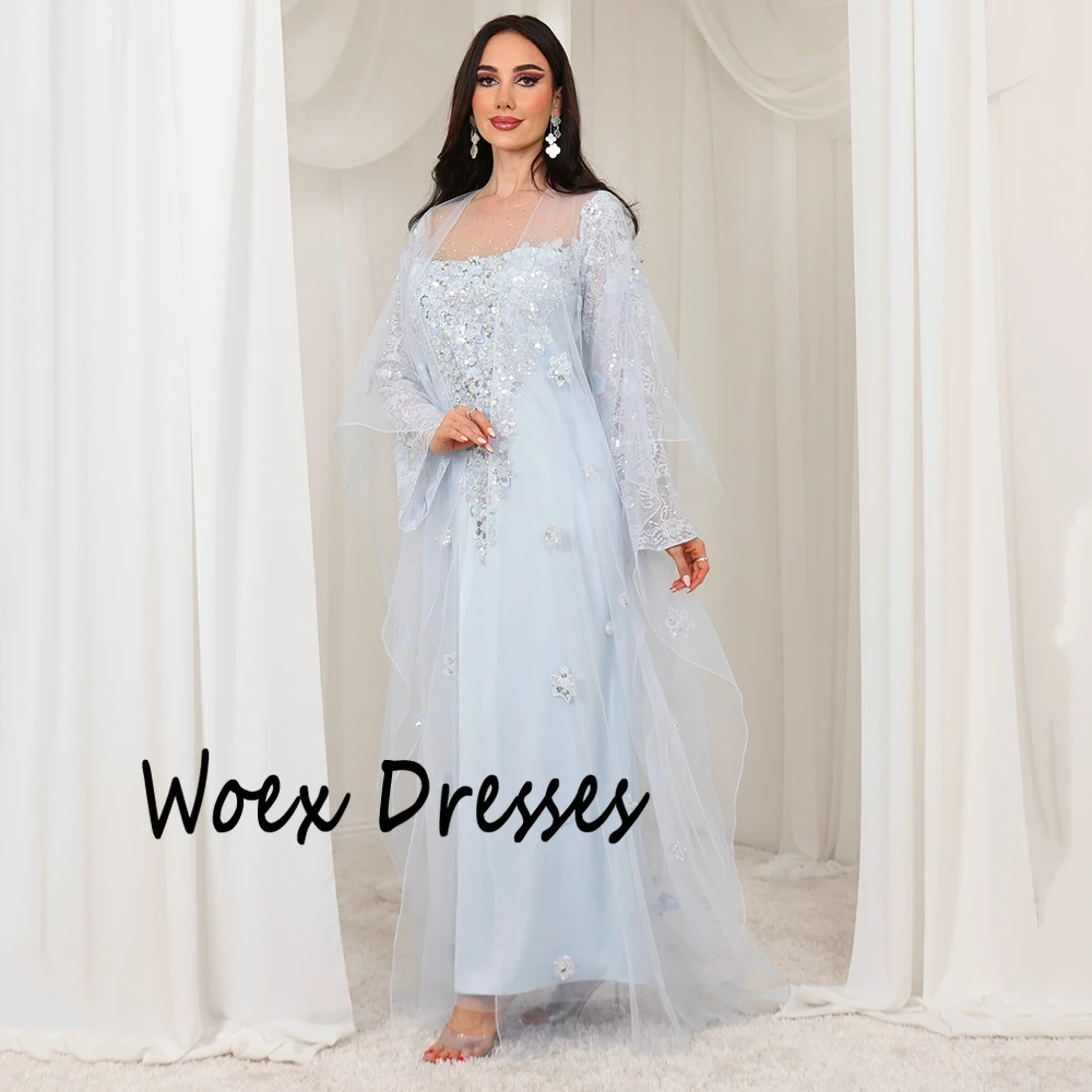 Vestido de noche personalizado de Jersey con cuello cuadrado azul cielo, Apliques de encaje con capa de tul, vestido de fiesta de manga larga hasta el tobillo