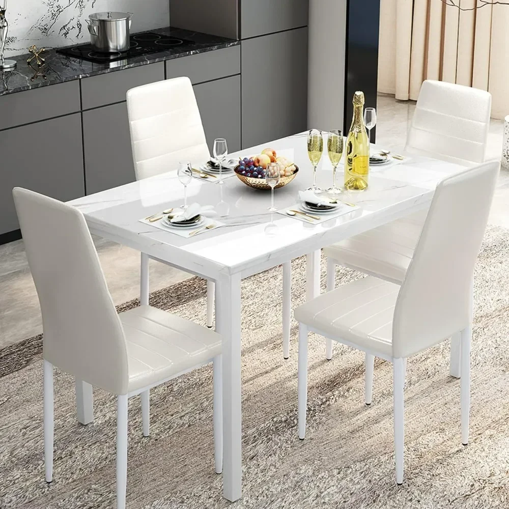 Marble Kitchen Dining Table Set and Chairs for 4, Comfortable PU Leather Chairs,Dining RoomTable Set for Small Space,Living Room