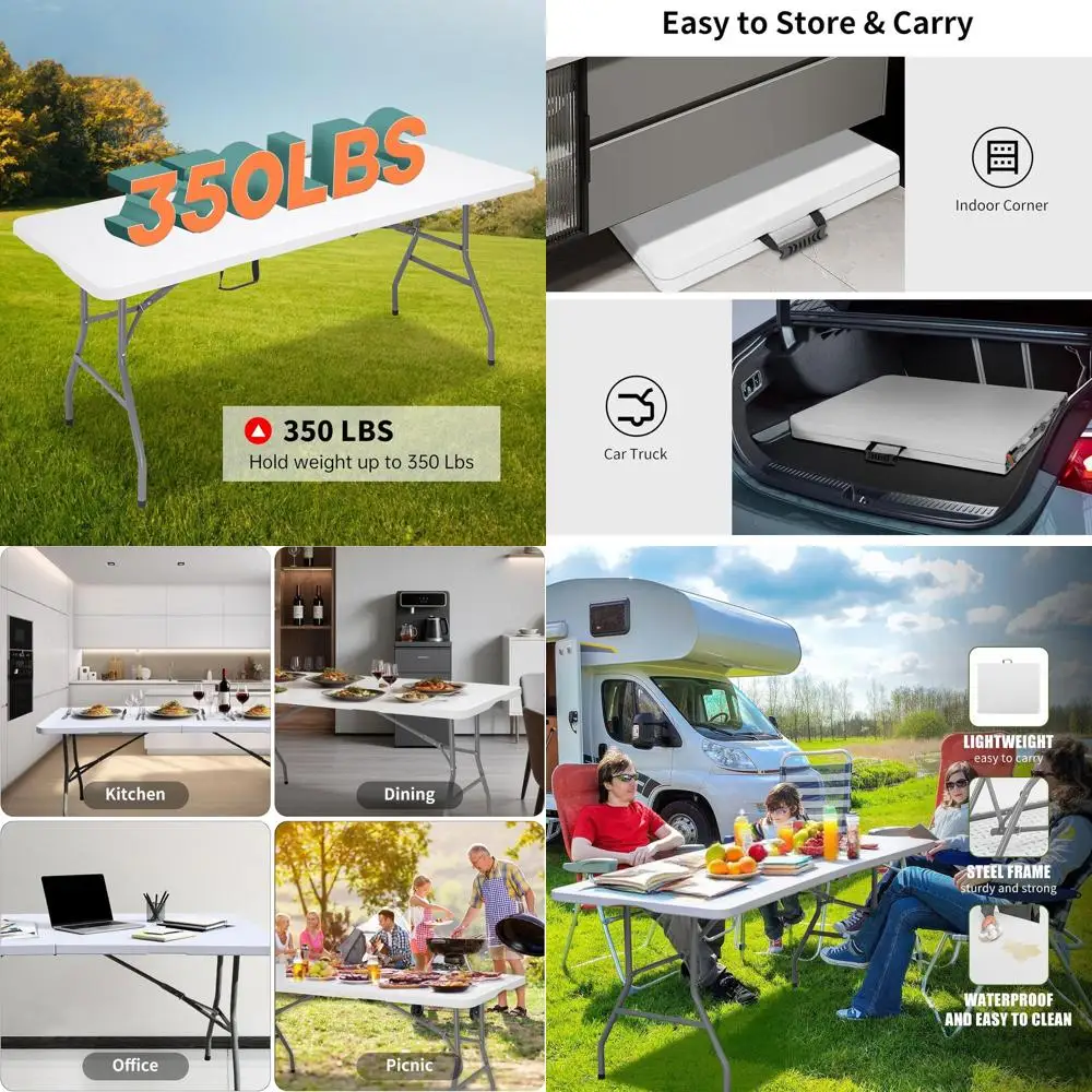 

Портативный складной стол на 6 футов, прочный пластиковый карточный столик с ручкой для переноски, идеально подходит для мероприятий в помещении/на открытом воздухе, вечеринок и Ca