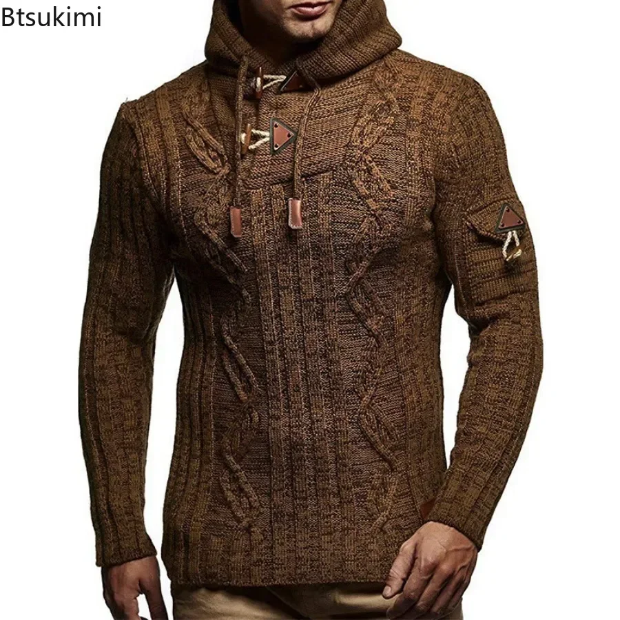 Outono inverno novo pulôver com capuz masculino suéteres manga longa conforto estiramento camisola moda masculina magro malha topos homem roupas