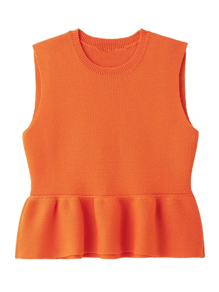 

Zevity Women Fashion Sleeveless Solid Color Knitting Slim Blouse Femme O Neck Hem Pleats Shirts Blusas Chic Crop Tops LS9004