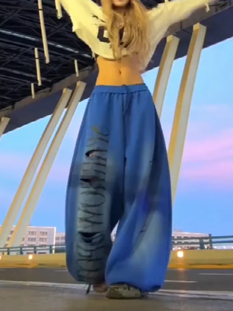 Cool Casual Sport Pants for Women American Sle Distred Wide Leg Sweatpants High Waist Elastic Loose Fit Printed Trousers