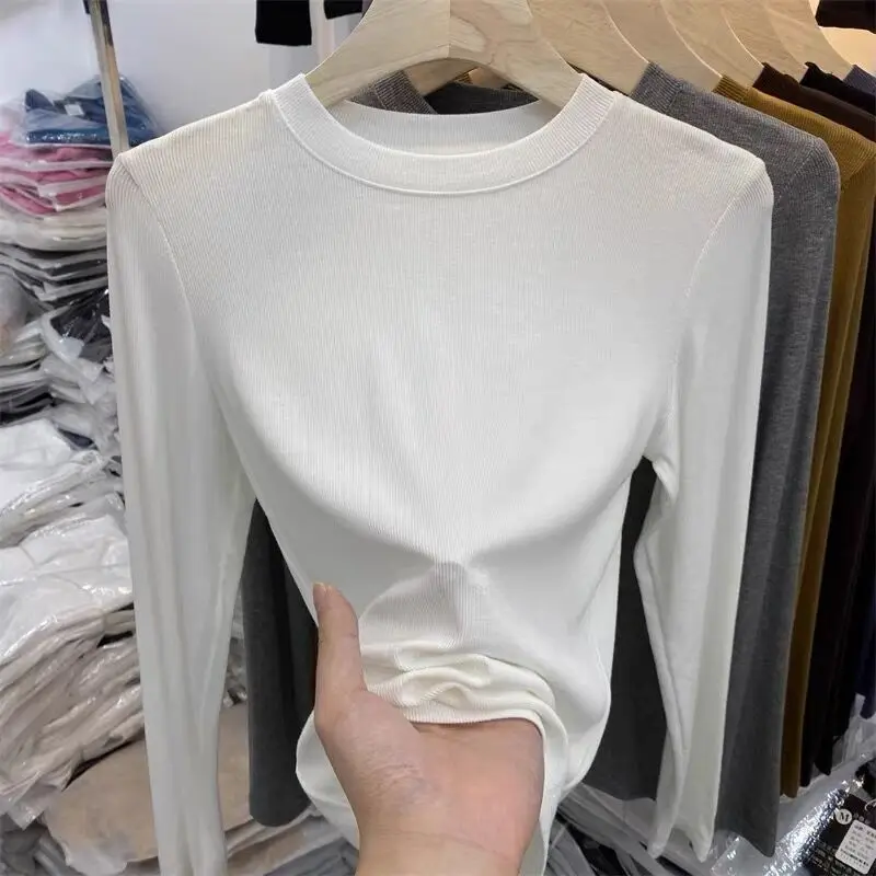 ファイオナブル ロング スリーブ リブ編み Tシャツ レディース ラウンドネック マスクトップ 韓国風 スタイリッシュ 通勤 折り畳み スリムフィット デイリーウェア