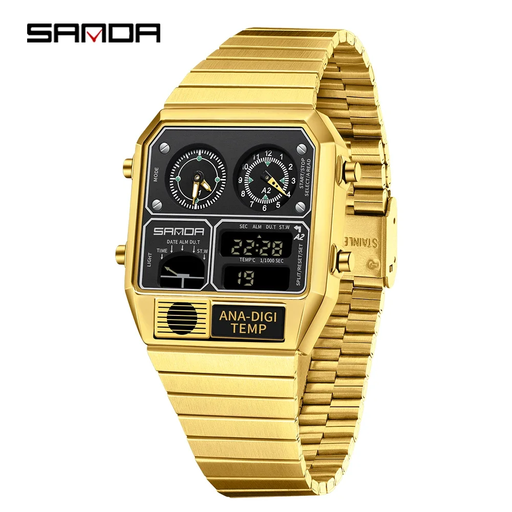 SANDA 3192 Square Electronic Watch for Young Men, Casual Multifunctional Wristwatch with Thermometer, Stopwatch, Chronograph