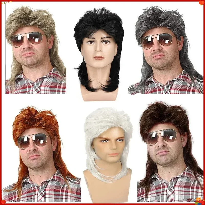Synthetic Curly Brown Wig for Men 80s Retro Costume Heat Resistant Fiber Adjustable Cap Cosplay Carnival Party Roleplay Styling