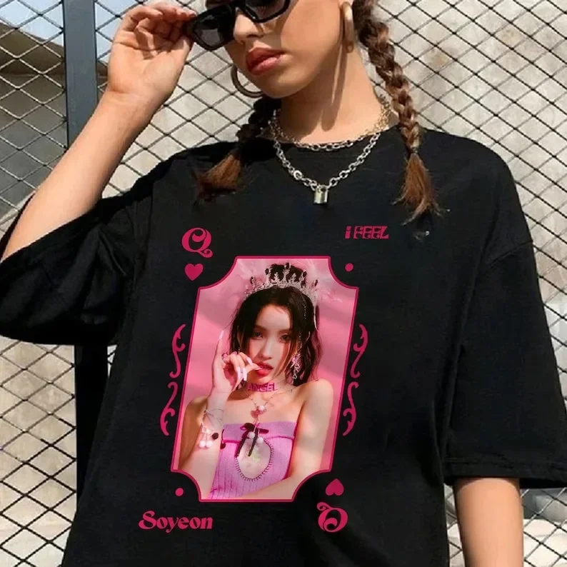 GIDLE T Shirt Kpop MIYEON Minnie SHUHUA Soyeon YUQI T-Shirt z nadrukiem Trend Y2k (G)I-DLE kobiet z krótkim rękawem 100% bawełniane topy