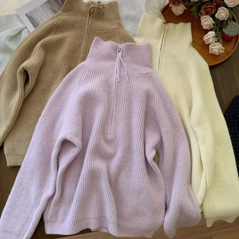 

Lazy Style Zipper Turtleneck Knitted Sweater Autumn Winter Solid Color Loose Pullover Tops Simple Female Knitwear
