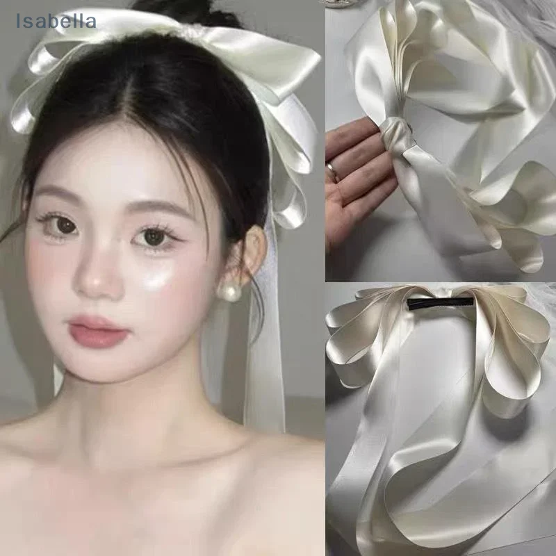 

White Oversized Bow Hair Clip With Long Flowing Ribbons, Bridal Headdress Photo Prop