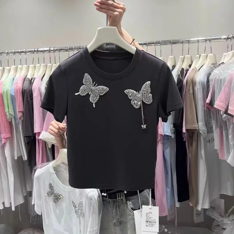 Neploe Fashion Heavy Beading Butterfly T-shirts Y2k O-neck All-match White Tops Women 2024 Summer New Short Sleeve Tee Shirt