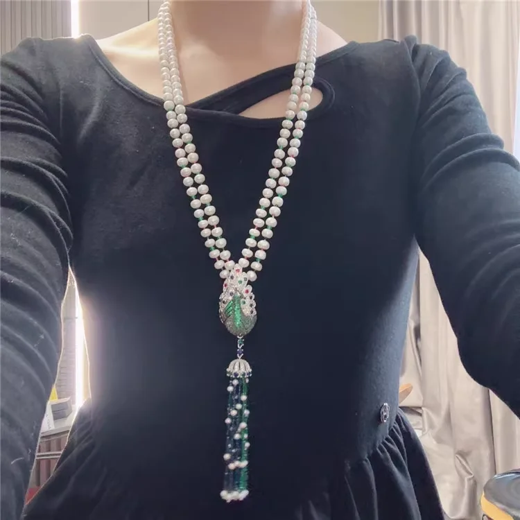 

Jewelry Freshwater Cultured White Pearl Necklace Peacoock Shape Cubic Zirconia Pave Tassel Pendant Handmade For Women