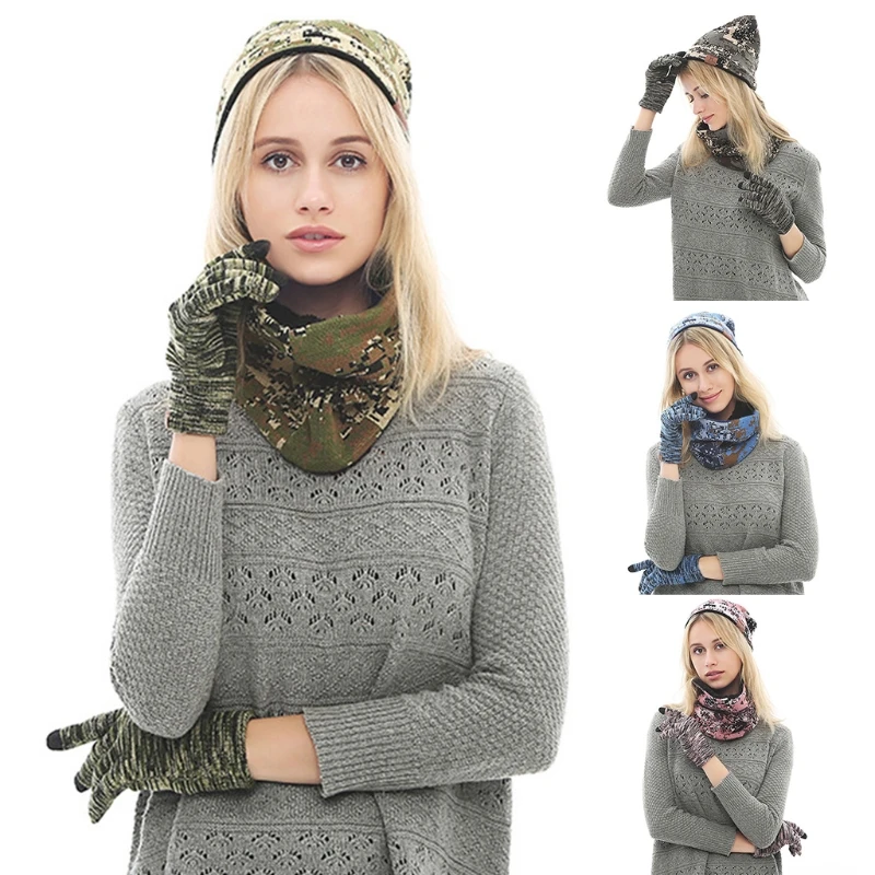 New Men Women Winter 3Pcs Camouflage Knit Beanie Hat Scarf for Touch Screen Gloves Set Thick Plush Lining Skull Neck