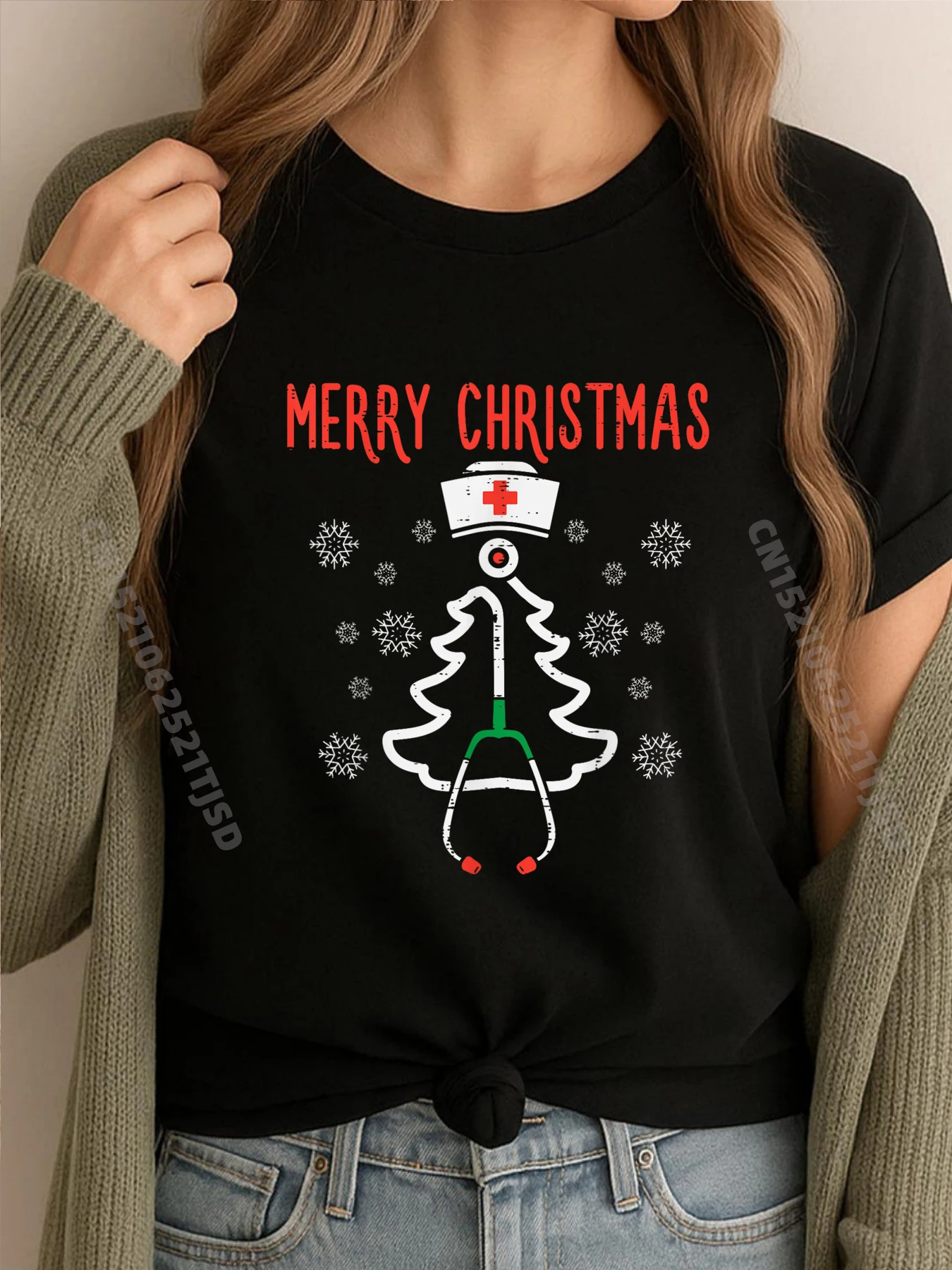 

С Рождеством Рождество Стетоскоп Медсестра Рождественский скраб Мужская одежда Большие размеры Дешевая футболка для женщин Графика