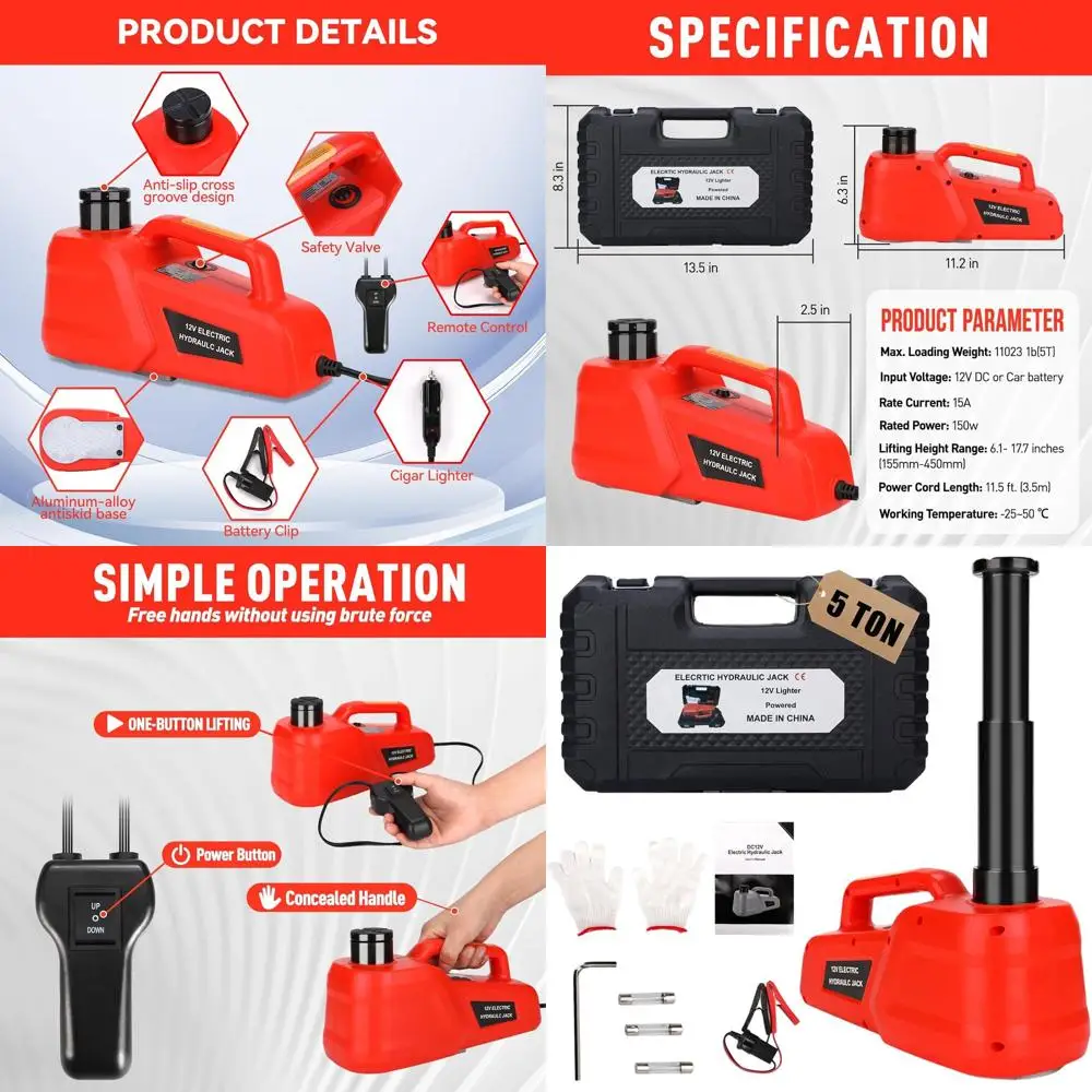 

12V Hydraulic 5-Ton Car Jack with Inflatable Pump for Sedans, SUVs, and Tire Changes (Red)