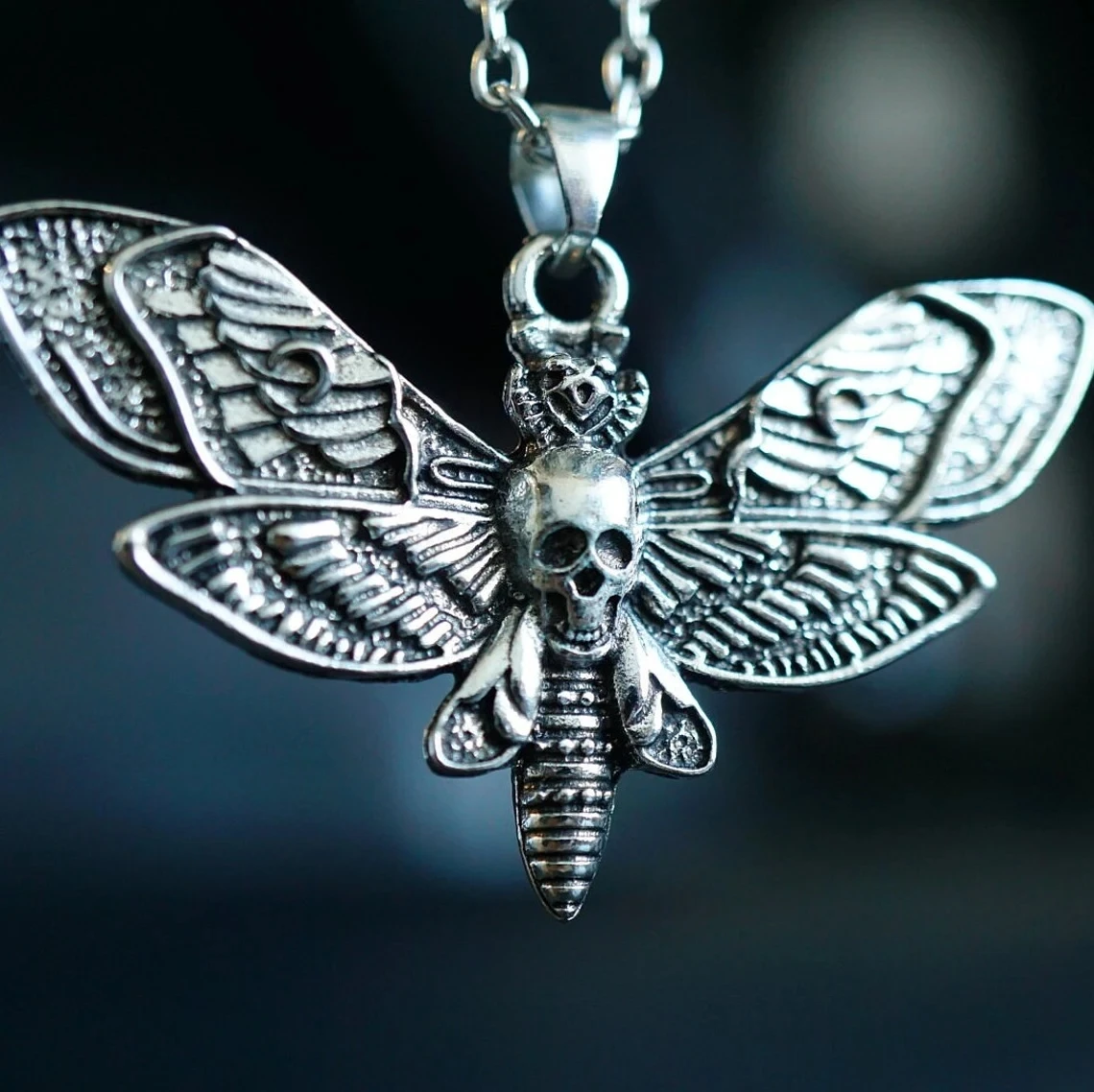 

Death Moth Necklace Pendant 18inch Chain Sugar Skull Gothic Butterfly Rock Emo Goth Silver Color 18inch Strong Chain