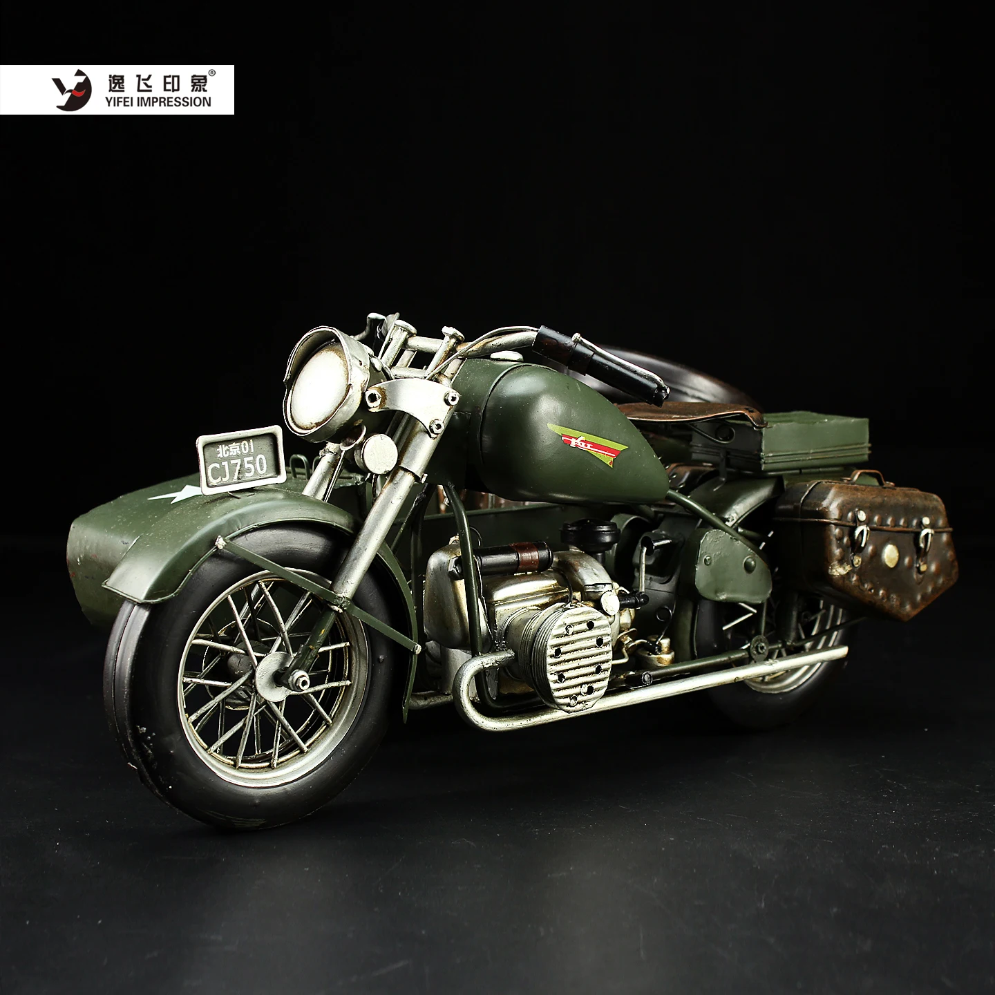Handmade Iron Art CJ750 Motorcycle Model with Sidecar - Retro Military Green Vintage Desk Ornament Home Decor for Collectors - view 4