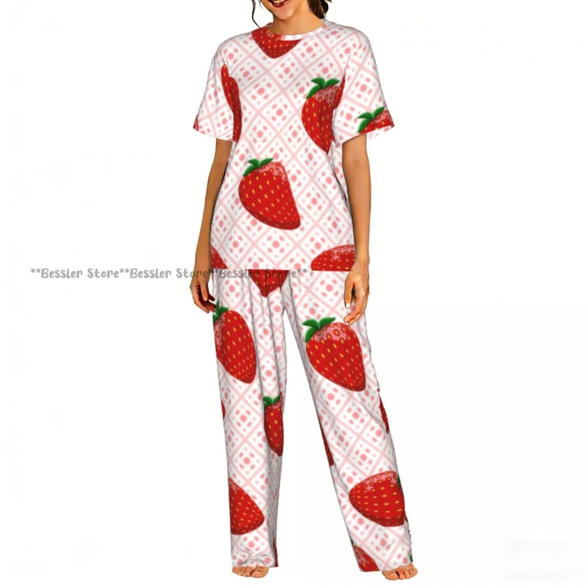

Женский пижамный комплект с клубничным принтом, короткий рукав, 2 предмета, домашняя одежда, одежда для отдыха