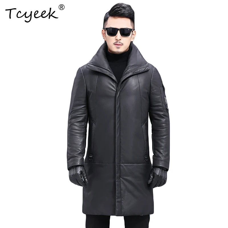 

Tcyeek из натуральной овчины, осенне-зимняя модная мужская куртка средней длины с воротником-стойкой Chaqueta Cuero Hombre 가죽 자켓
