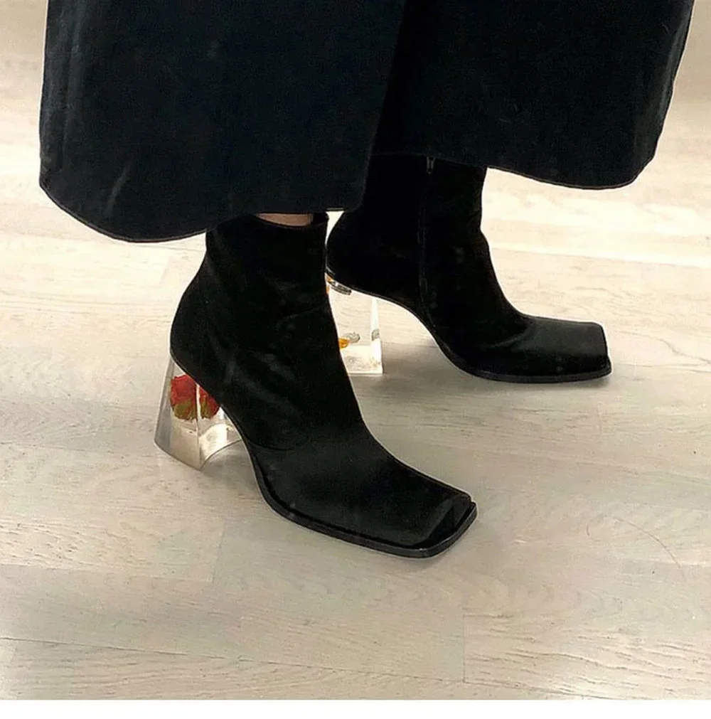 Womens Square Toe Ankle Boots Clear Transparent Crystal Flower Heel Retro Shoes Black Vintage Warm Winter Luxury