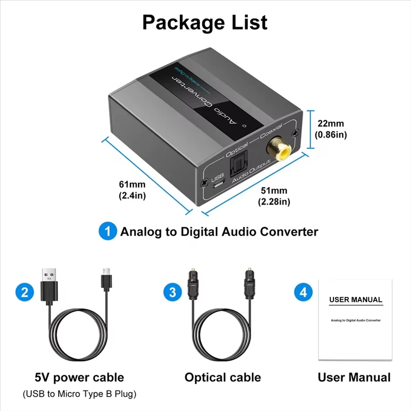 Analog to Digital Audio Converter to Optical with Optical Cable Audio Digital Toslink and Coaxial Audio Adapter 3.5mm Audio ﻿