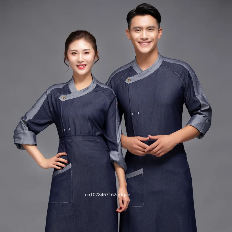 unisex-denim-chef-uniform-autumn-and-winter-seven-quarter-sleeves-pastry-baking-kitchen-work-uniform
